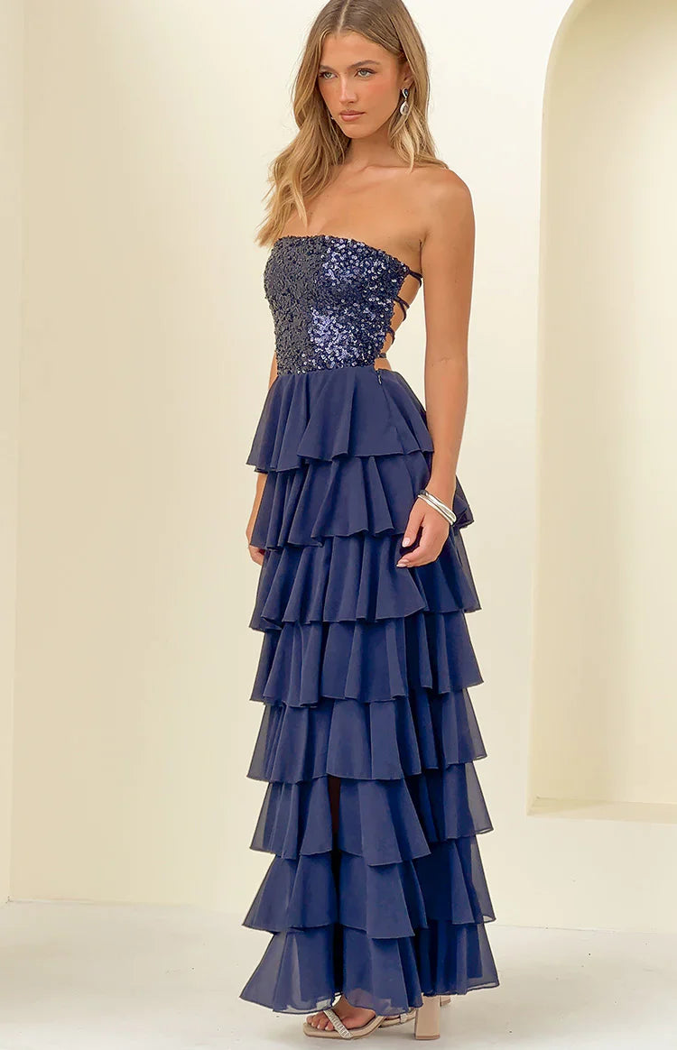 Elegant Strapless Sweetheart Neckline Open Back Lace Up Detail Sequin Bodice Tiered Ruffle Hem Maxi Evening Dress For Formal Evening Gala Wedding Guest Bridesmaid