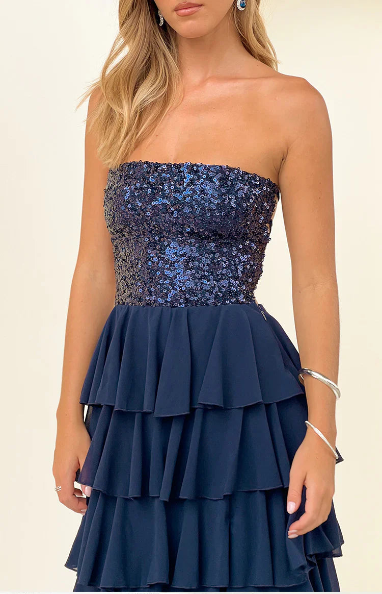 Elegant Strapless Sweetheart Neckline Open Back Lace Up Detail Sequin Bodice Tiered Ruffle Hem Maxi Evening Dress For Formal Evening Gala Wedding Guest Bridesmaid