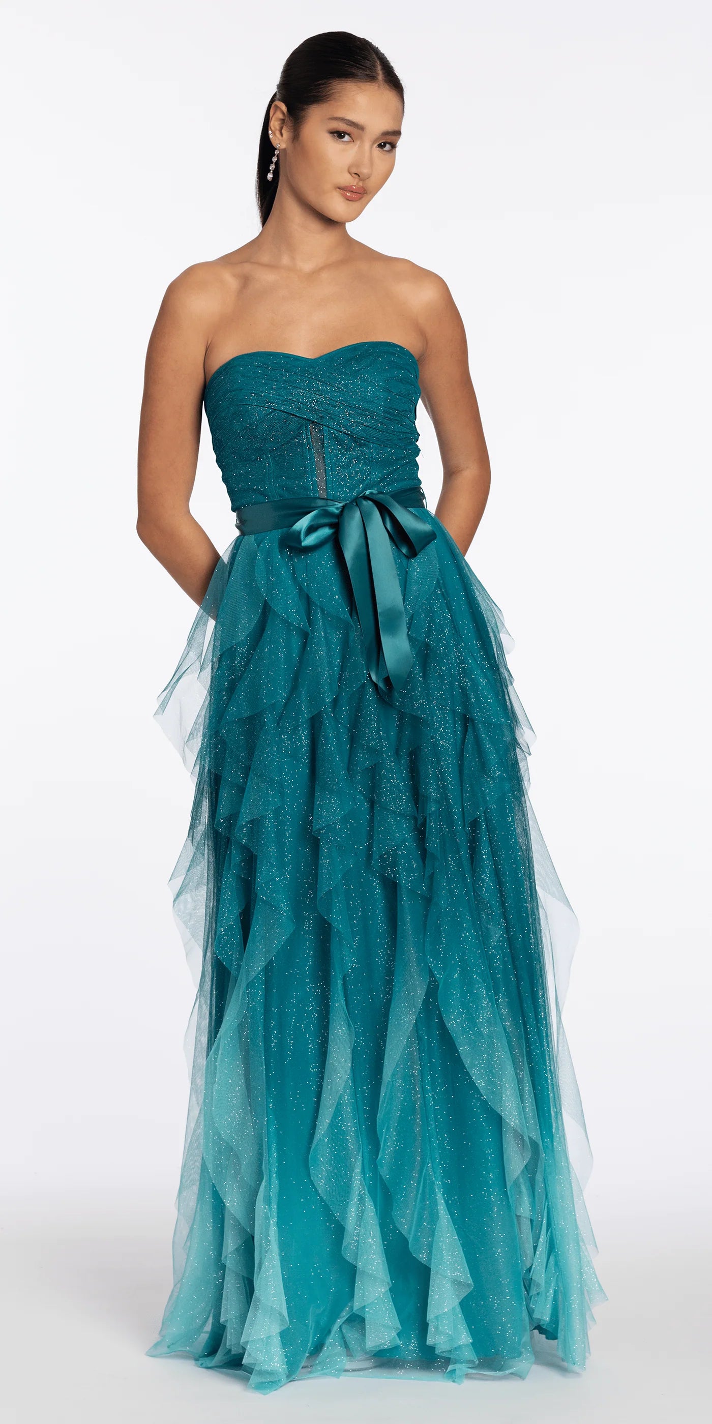 Elegant Strapless Sweetheart Neckline Ruched Bodice Satin Bow Detail Glitter Tiered Ruffle Tulle A Line Evening Dress With Pockets For Formal Evening Gala Wedding Guest Bridesmaid