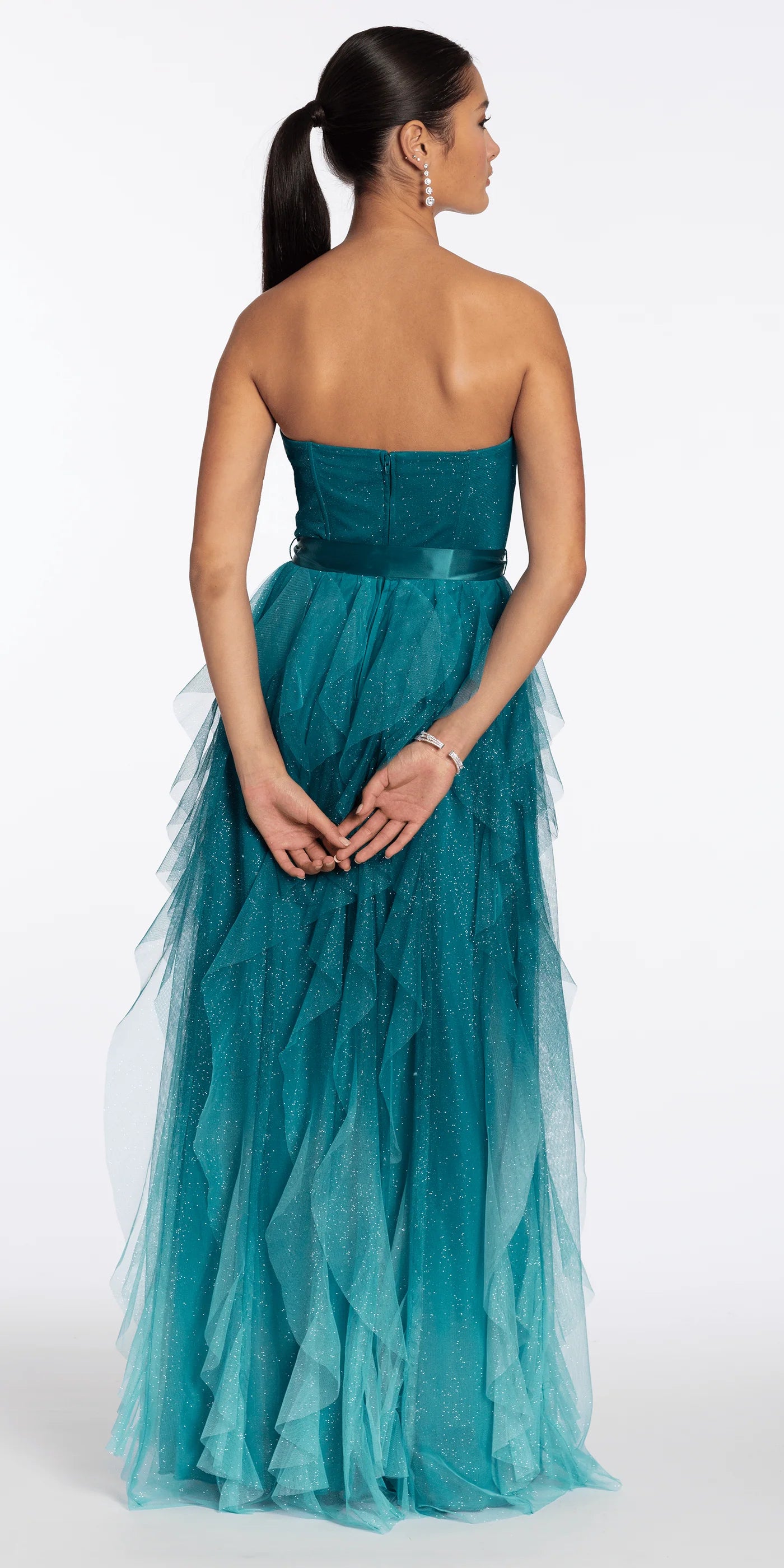 Elegant Strapless Sweetheart Neckline Ruched Bodice Satin Bow Detail Glitter Tiered Ruffle Tulle A Line Evening Dress With Pockets For Formal Evening Gala Wedding Guest Bridesmaid