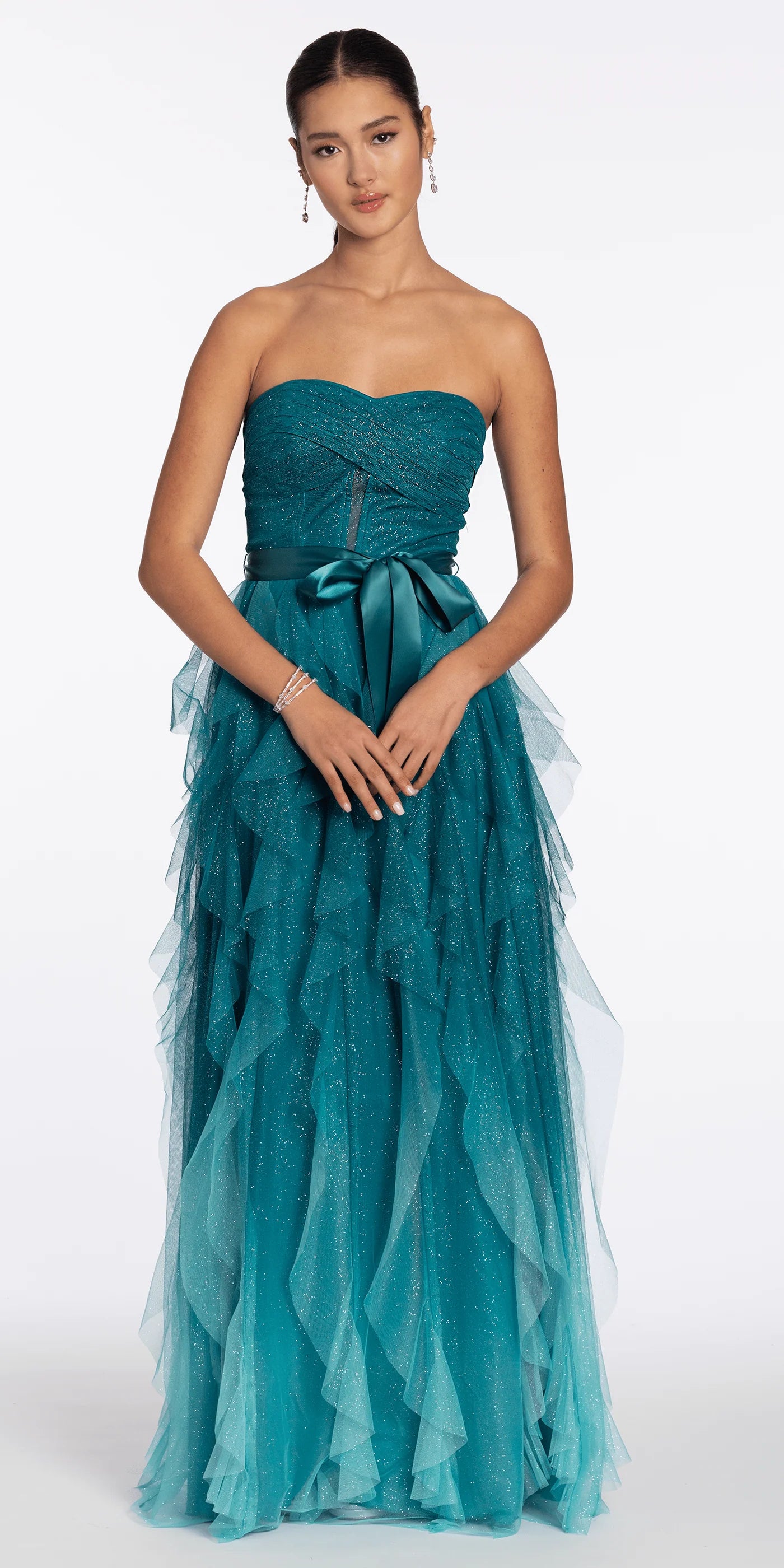 Elegant Strapless Sweetheart Neckline Ruched Bodice Satin Bow Detail Glitter Tiered Ruffle Tulle A Line Evening Dress With Pockets For Formal Evening Gala Wedding Guest Bridesmaid