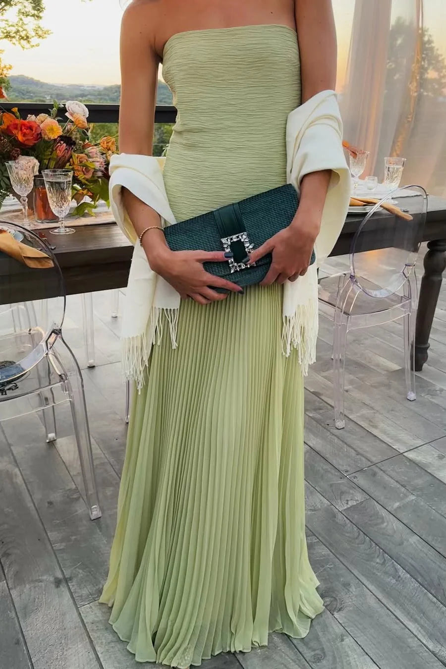 Elegant Strapless Textured Drop Waist Pleated Chiffon Maxi Prom Dress For Formal Evening Wedding Guest