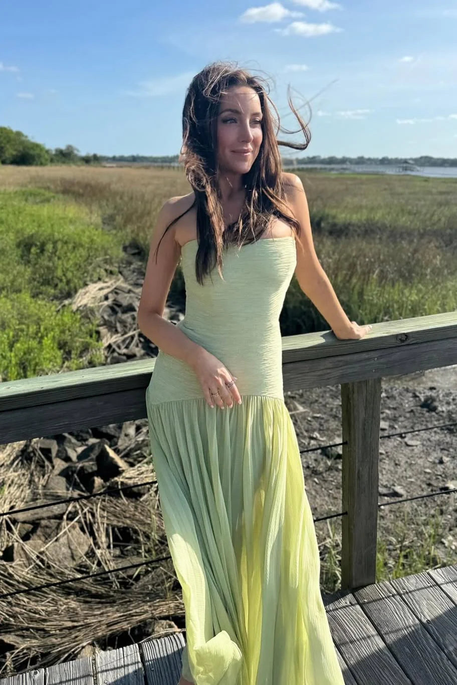 Elegant Strapless Textured Drop Waist Pleated Chiffon Maxi Prom Dress For Formal Evening Wedding Guest