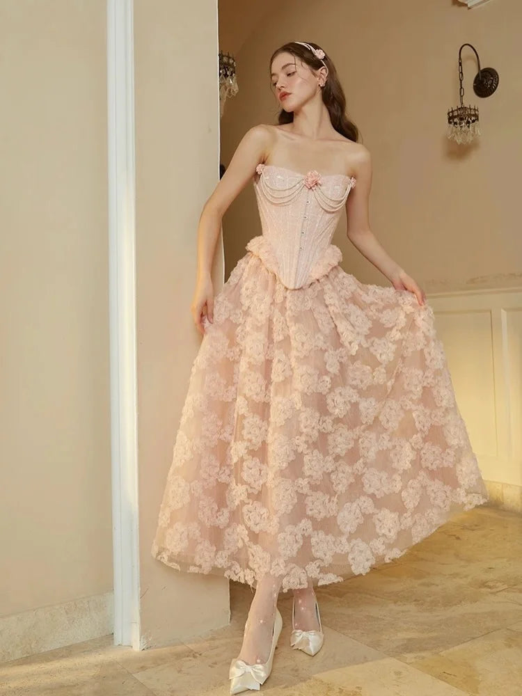 Elegant Strapless Tweed Corset Pearl 3D Flower A-Line Midi Prom Dress