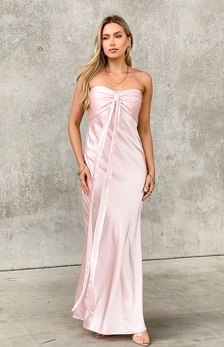 Elegant Strapless Twist Knot Bust Satin Maxi Prom Dress With Draped Ribbon Detail For Formal Evening Wedding Guest Bridesmaid Cocktail Party