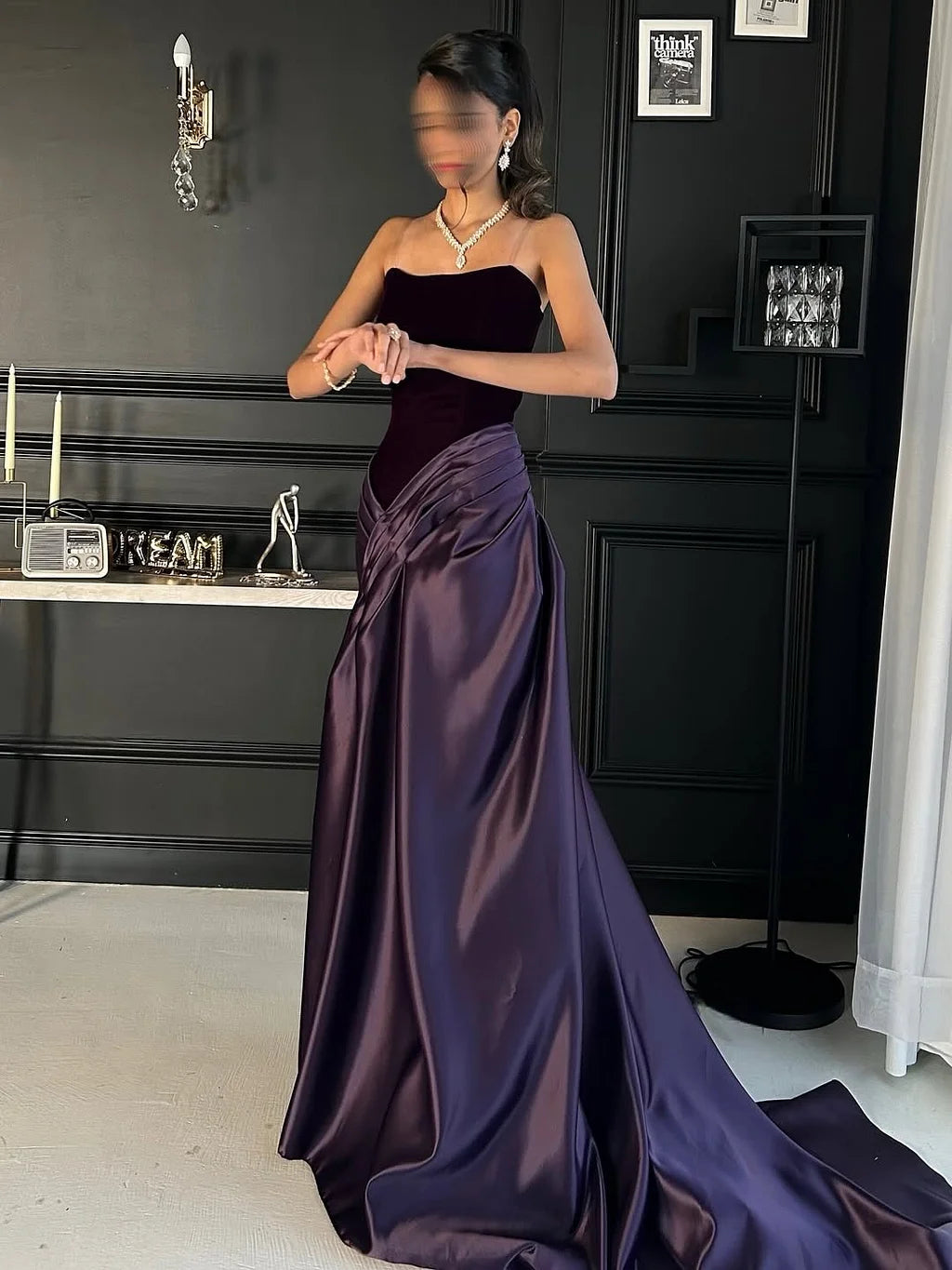 Elegant Strapless Velvet Bodice Draped Satin A-Line Maxi Prom Dress with Train