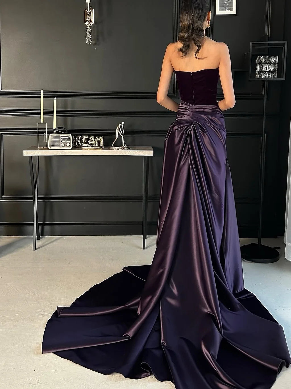 Elegant Strapless Velvet Bodice Draped Satin A-Line Maxi Prom Dress with Train