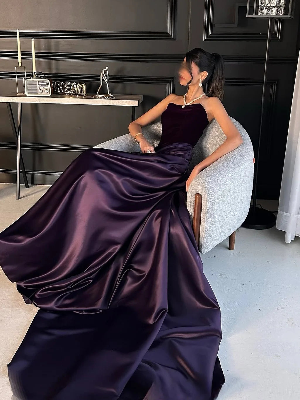 Elegant Strapless Velvet Bodice Draped Satin A-Line Maxi Prom Dress with Train