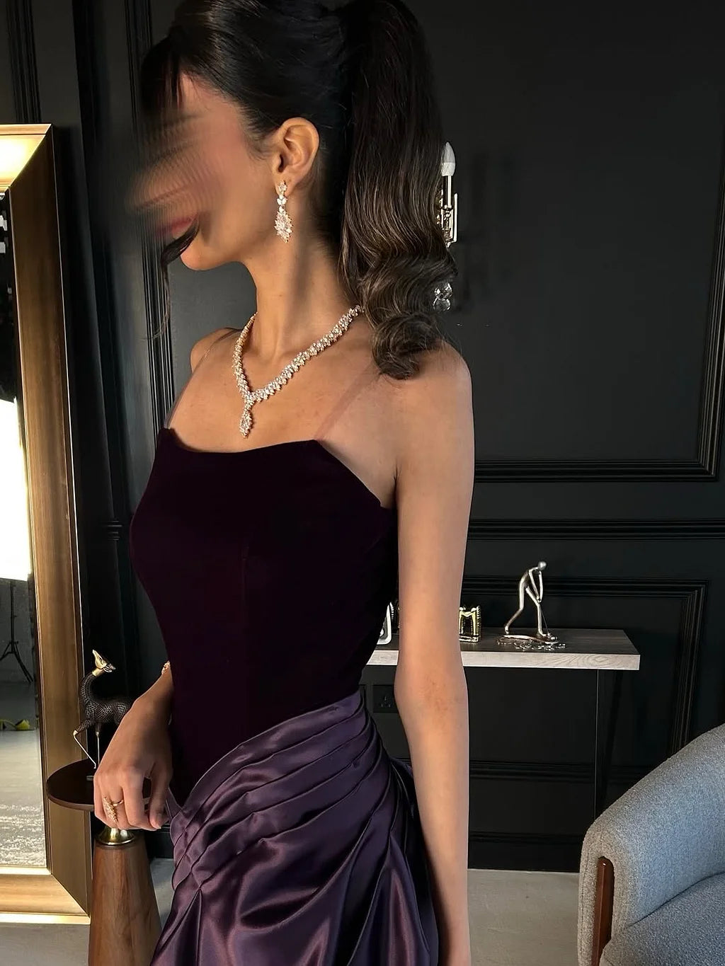 Elegant Strapless Velvet Bodice Draped Satin A-Line Maxi Prom Dress with Train
