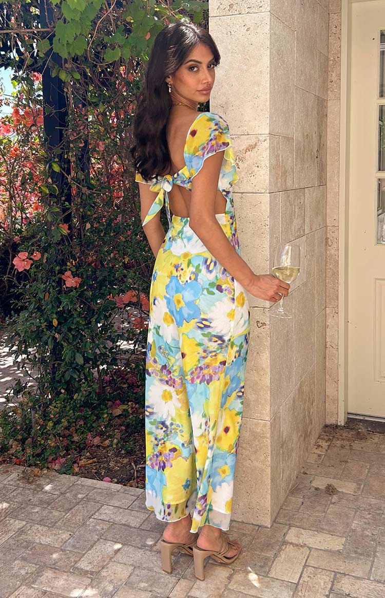 Elegant Tie Back Cutout Side Watercolor Floral Print Flutter Sleeve Maxi Prom Dress For Spring Garden Party Wedding Guest Bridal Shower
