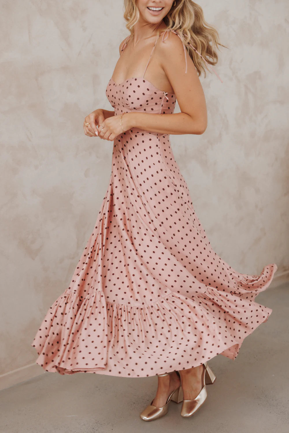 Elegant Tie Strap Sweetheart Neck Polka Dot Smocked Back Ruffle Hem Maxi Prom Dress For Formal Evening Wedding Guest Bridesmaid Cocktail Party
