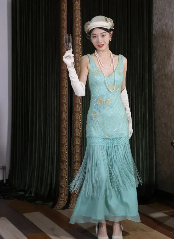 Elegant Tiffany Blue 1920s Style Prom Dress With Beaded Bodice Fringe Skirt And Art Deco Embroidery For Formal Evening Party