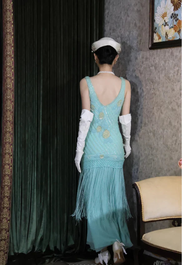 Elegant Tiffany Blue 1920s Style Prom Dress With Beaded Bodice Fringe Skirt And Art Deco Embroidery For Formal Evening Party