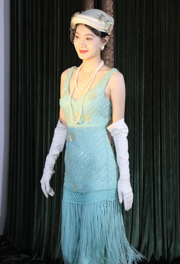 Elegant Tiffany Blue 1920s Style Prom Dress With Beaded Bodice Fringe Skirt And Art Deco Embroidery For Formal Evening Party