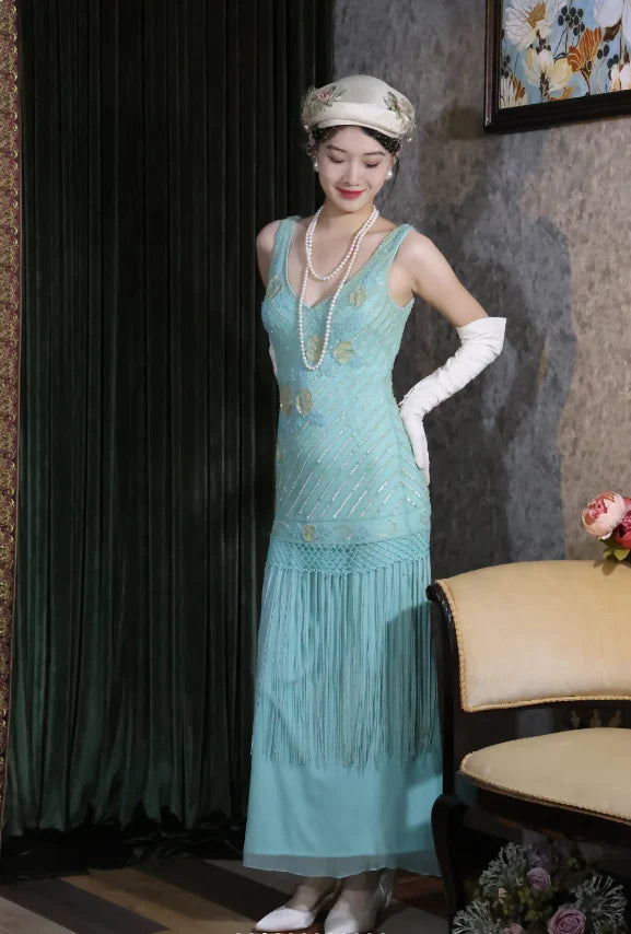 Elegant Tiffany Blue 1920s Style Prom Dress With Beaded Bodice Fringe Skirt And Art Deco Embroidery For Formal Evening Party