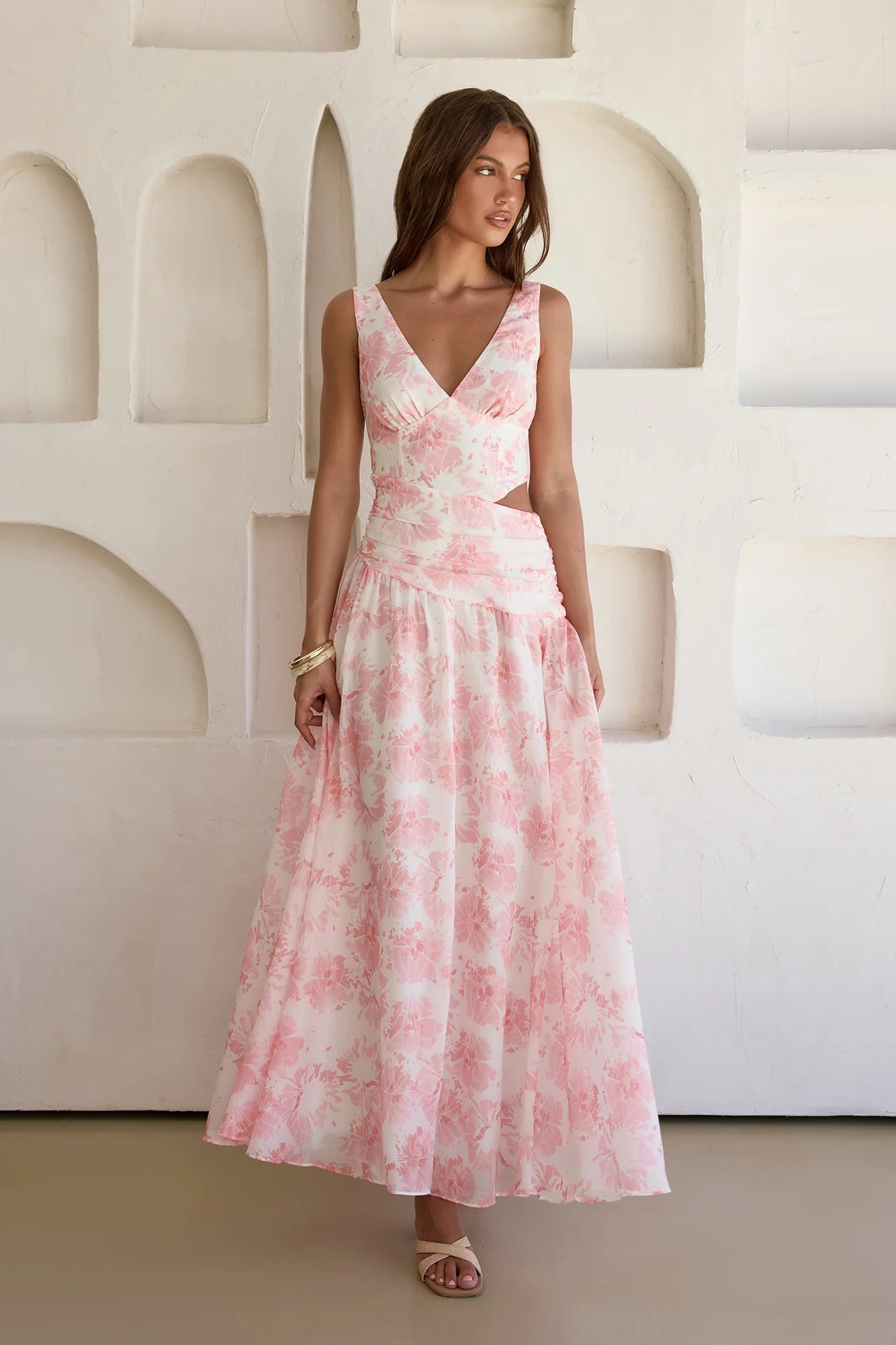 Elegant V Neck Adjustable Strap Floral Print Cutout Waist Maxi Prom Dress For Formal Evening Wedding Guest Bridesmaid Cocktail Party