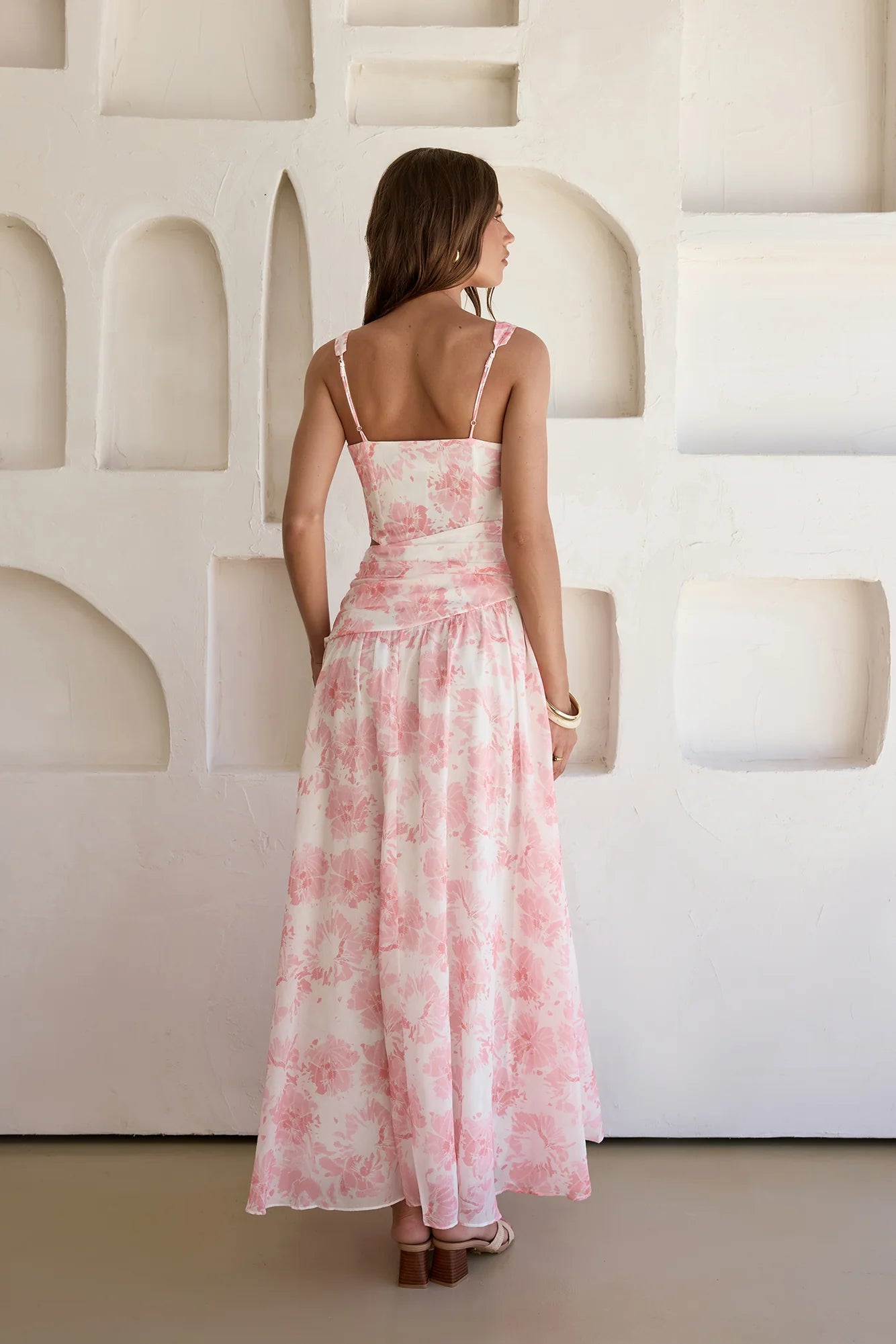 Elegant V Neck Adjustable Strap Floral Print Cutout Waist Maxi Prom Dress For Formal Evening Wedding Guest Bridesmaid Cocktail Party