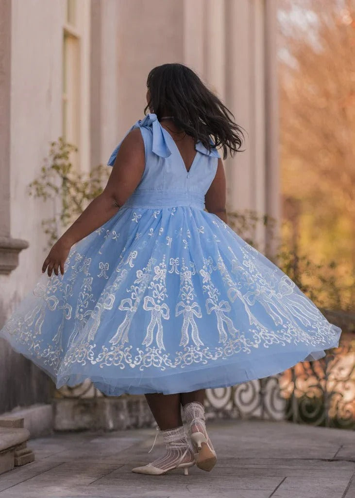 Elegant V Neck Bow Shoulder Detail Bow Embroidery Tulle A Line Midi Evening Dress For Formal Evening Prom Wedding Guest Bridesmaid Cocktail Party Gala
