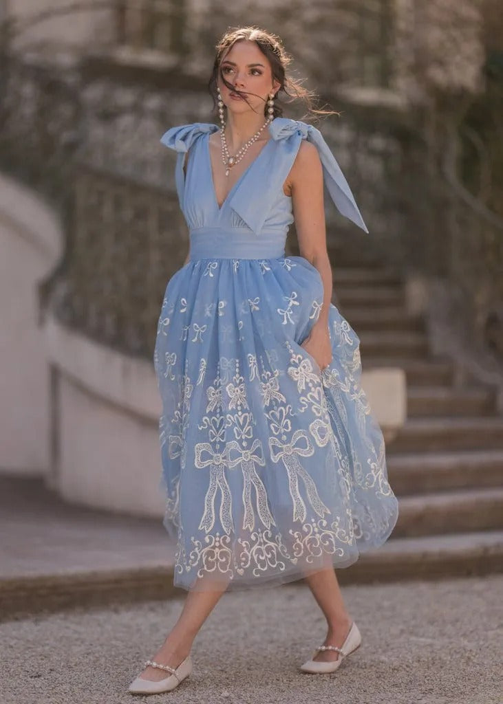 Elegant V Neck Bow Shoulder Detail Bow Embroidery Tulle A Line Midi Evening Dress For Formal Evening Prom Wedding Guest Bridesmaid Cocktail Party Gala