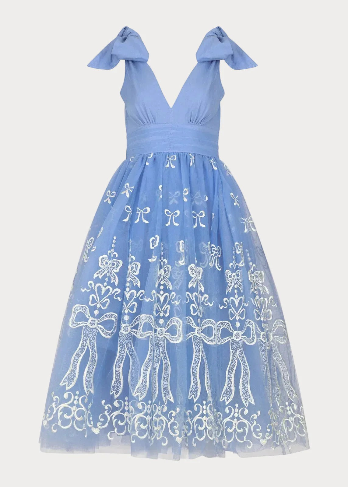 Elegant V Neck Bow Shoulder Detail Bow Embroidery Tulle A Line Midi Evening Dress For Formal Evening Prom Wedding Guest Bridesmaid Cocktail Party Gala
