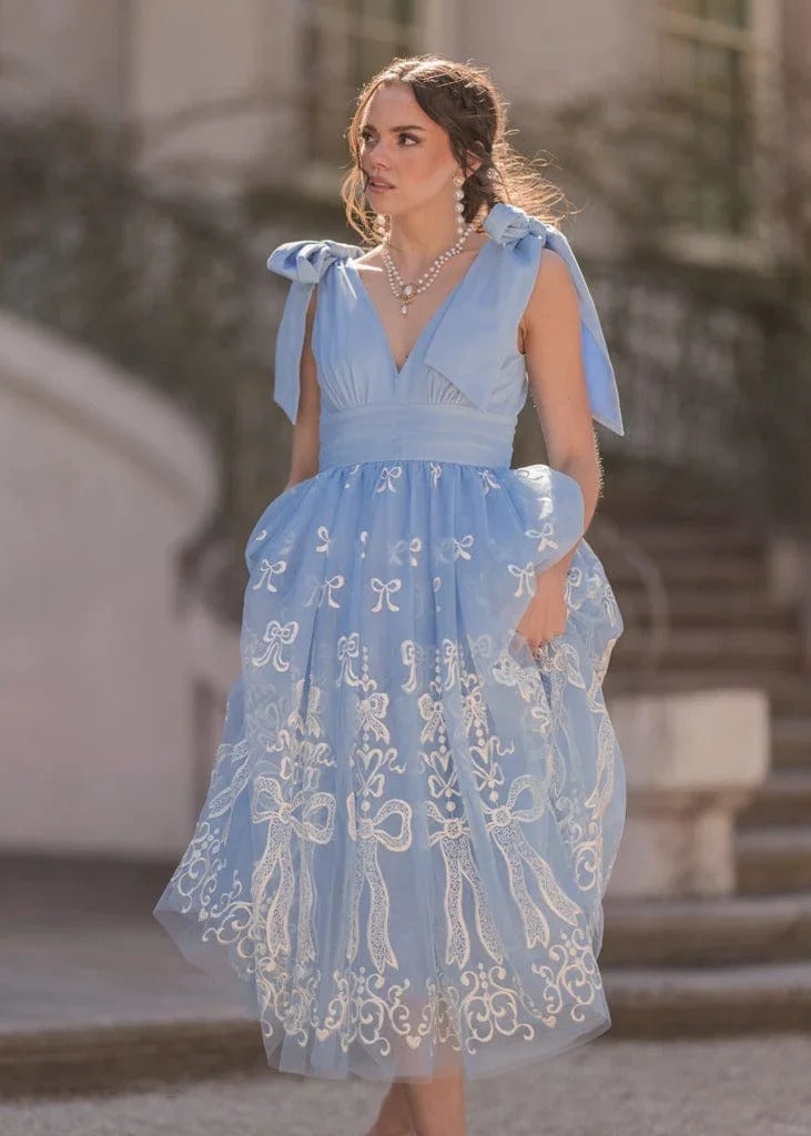 Elegant V Neck Bow Shoulder Detail Bow Embroidery Tulle A Line Midi Evening Dress For Formal Evening Prom Wedding Guest Bridesmaid Cocktail Party Gala