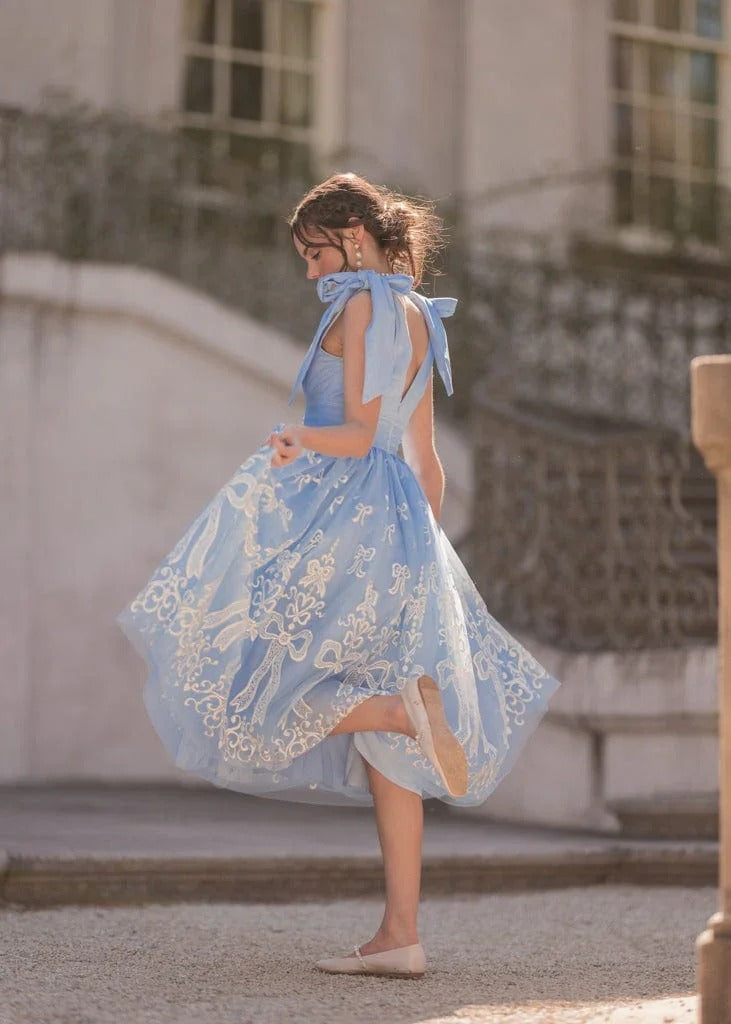 Elegant V Neck Bow Shoulder Detail Bow Embroidery Tulle A Line Midi Evening Dress For Formal Evening Prom Wedding Guest Bridesmaid Cocktail Party Gala