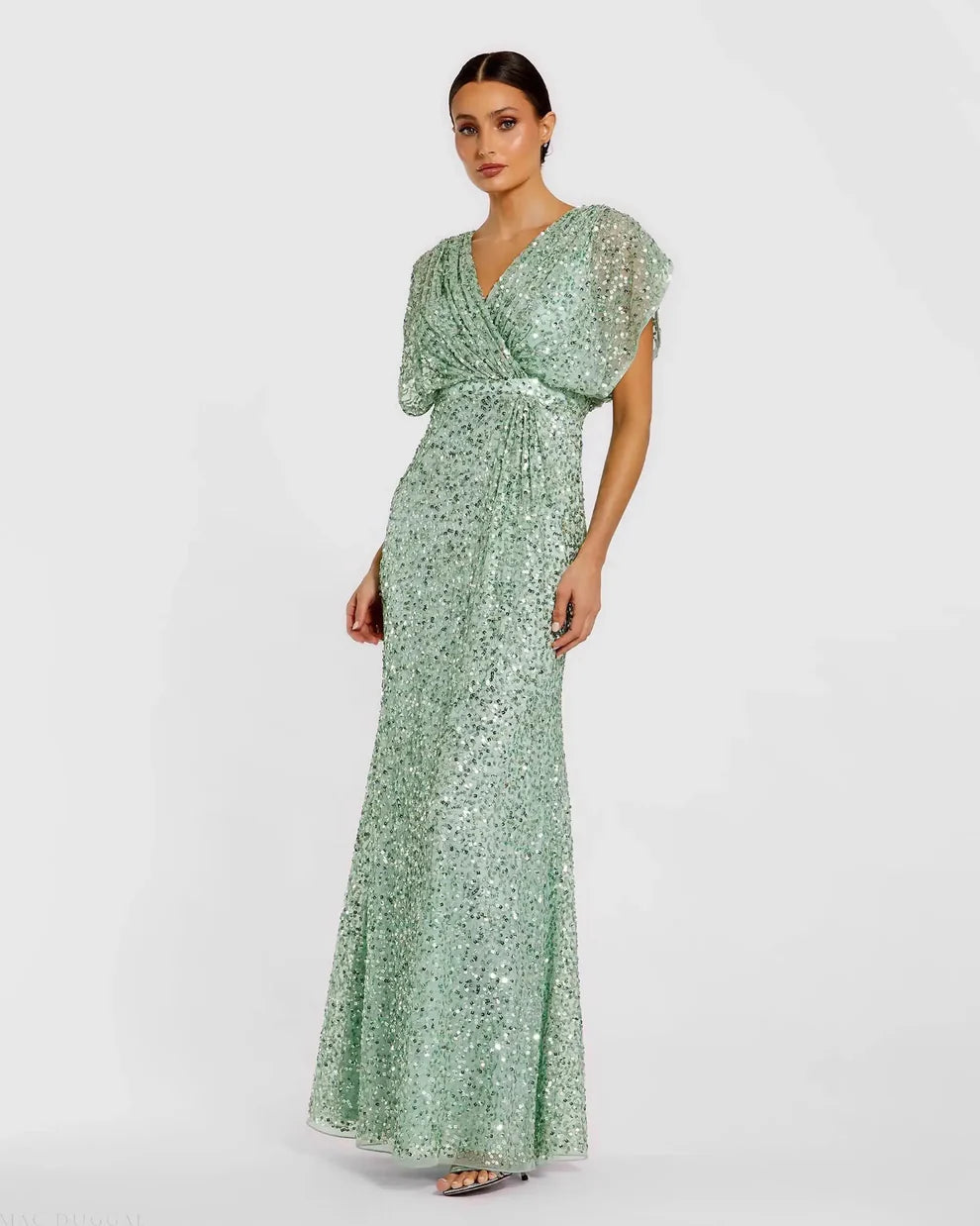 Elegant V Neck Dolman Sleeve Sequin Embellished Blouson Waist Mermaid Maxi Prom Dress For Formal Evening Wedding Guest Bridesmaid Cocktail Party