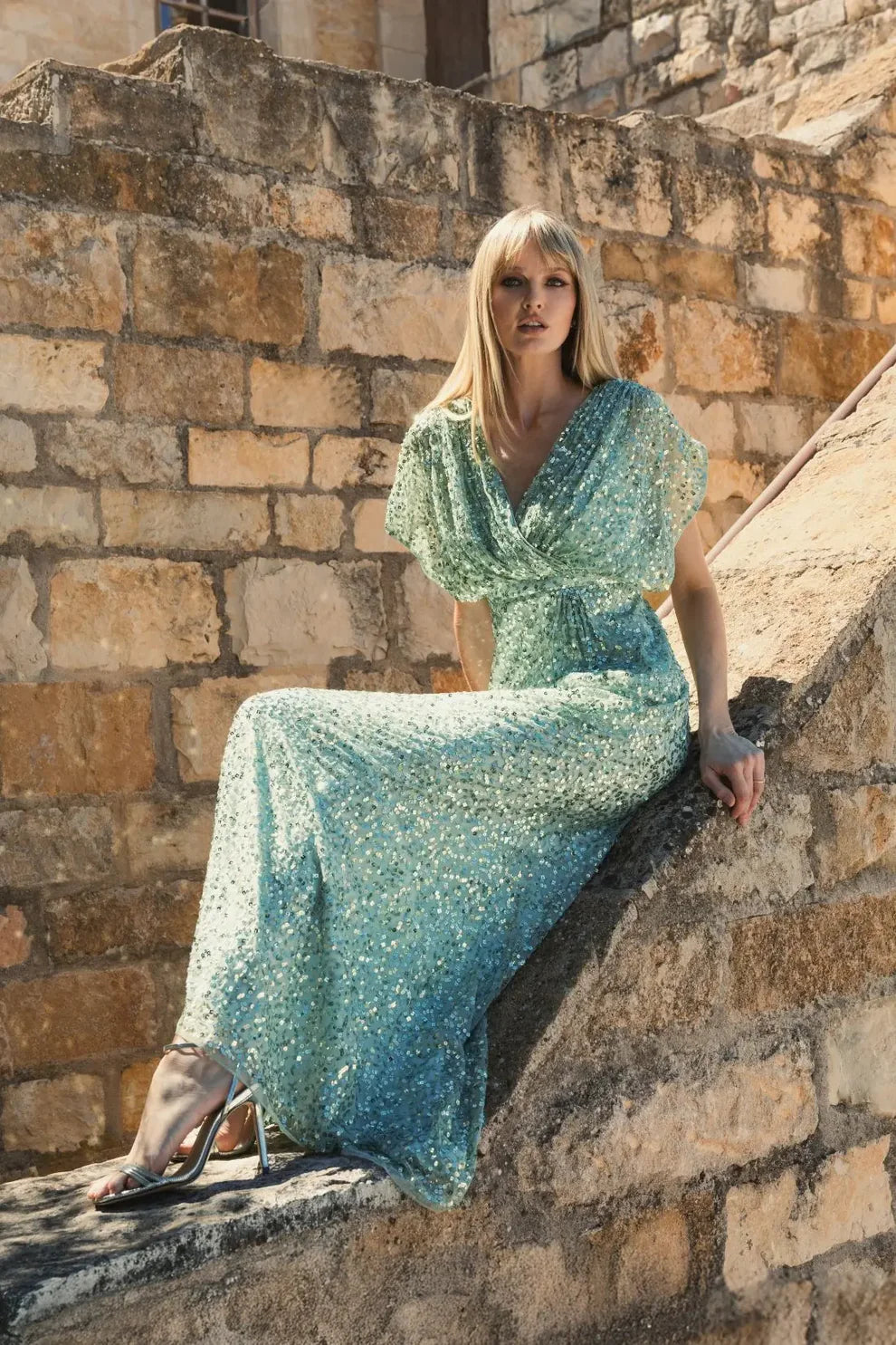 Elegant V Neck Dolman Sleeve Sequin Embellished Blouson Waist Mermaid Maxi Prom Dress For Formal Evening Wedding Guest Bridesmaid Cocktail Party