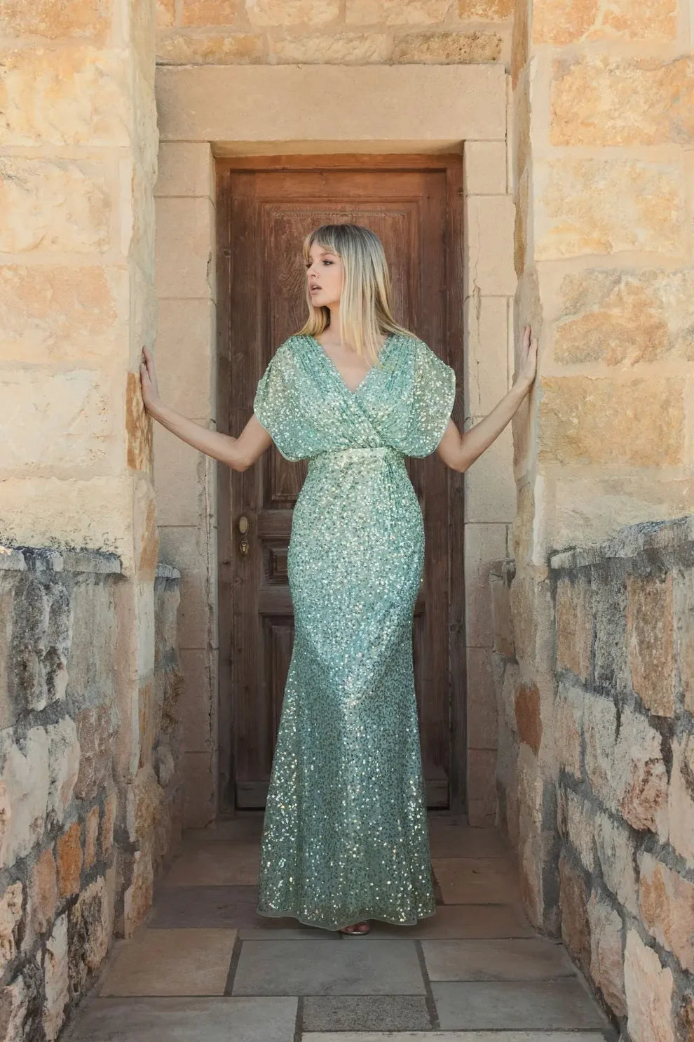 Elegant V Neck Dolman Sleeve Sequin Embellished Blouson Waist Mermaid Maxi Prom Dress For Formal Evening Wedding Guest Bridesmaid Cocktail Party