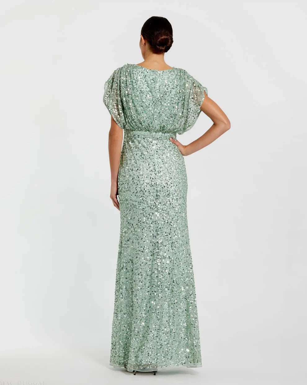 Elegant V Neck Dolman Sleeve Sequin Embellished Blouson Waist Mermaid Maxi Prom Dress For Formal Evening Wedding Guest Bridesmaid Cocktail Party