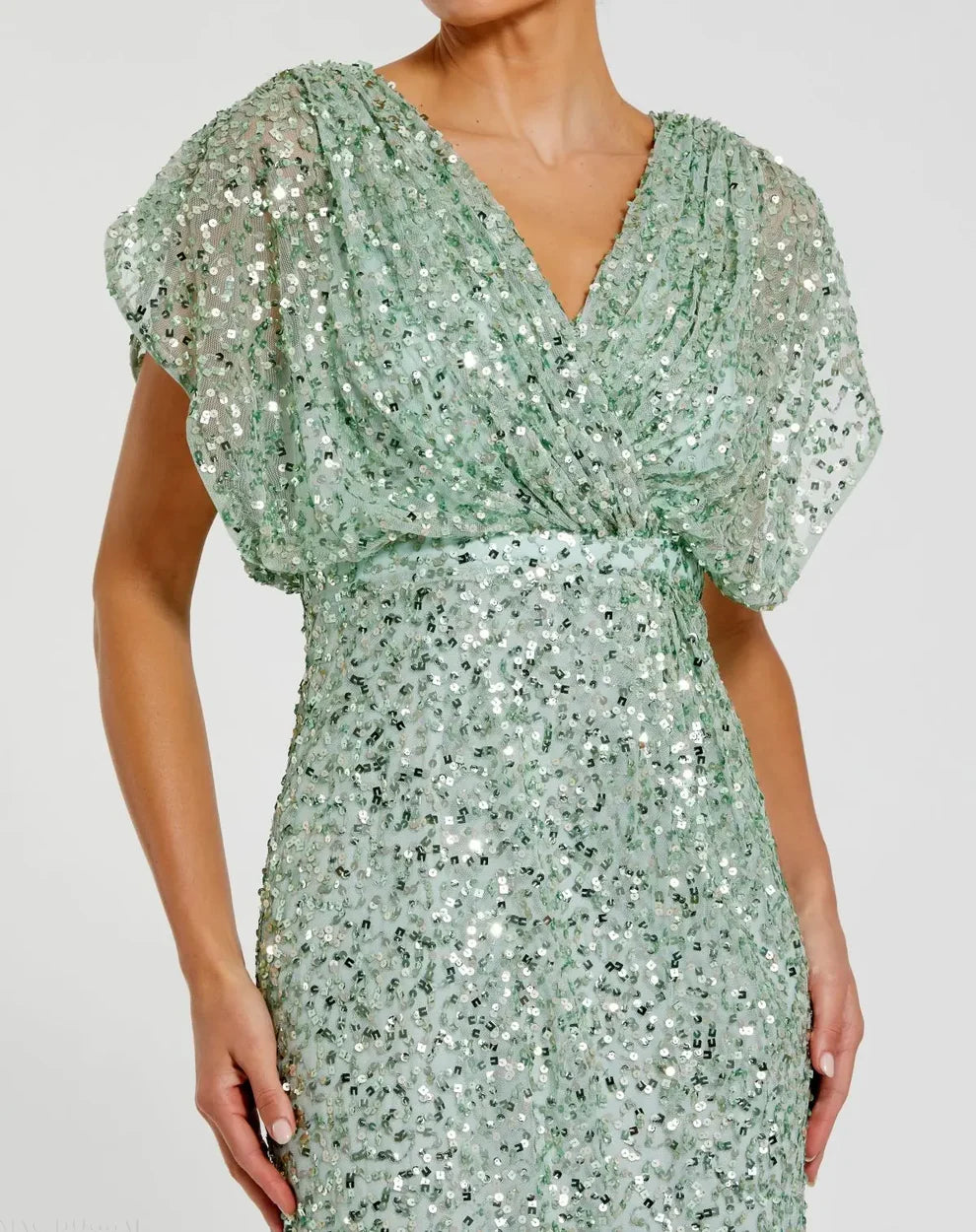 Elegant V Neck Dolman Sleeve Sequin Embellished Blouson Waist Mermaid Maxi Prom Dress For Formal Evening Wedding Guest Bridesmaid Cocktail Party
