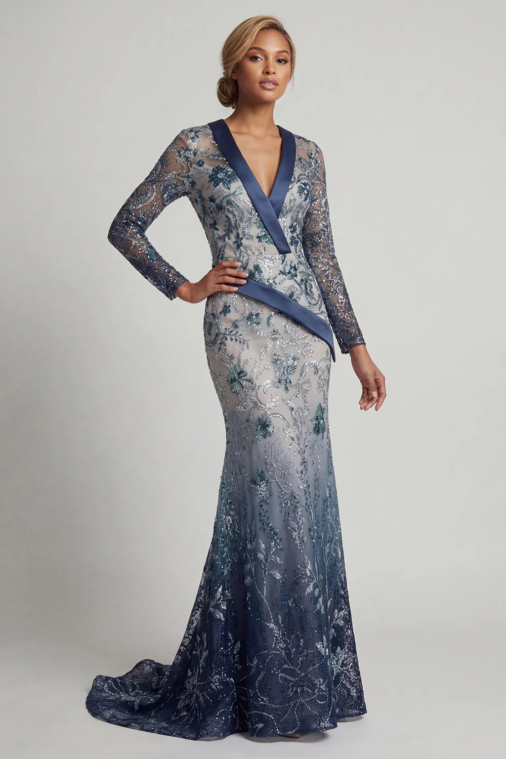 Elegant V Neck Long Sleeve Ombre Sequin Floral Embellished Satin Sash Mermaid Maxi Prom Dress