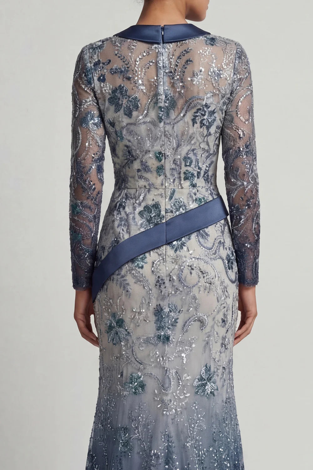 Elegant V Neck Long Sleeve Ombre Sequin Floral Embellished Satin Sash Mermaid Maxi Prom Dress