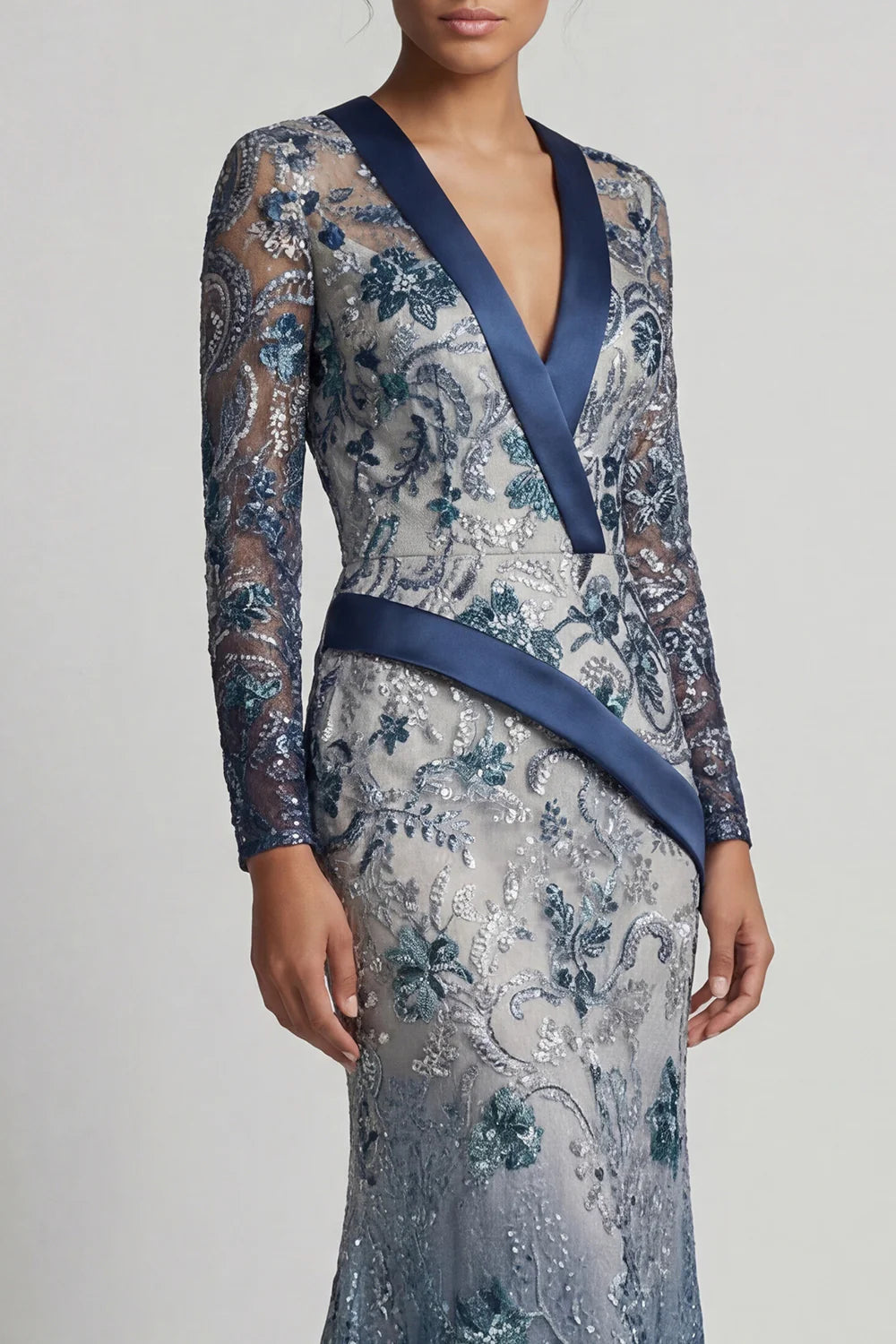 Elegant V Neck Long Sleeve Ombre Sequin Floral Embellished Satin Sash Mermaid Maxi Prom Dress