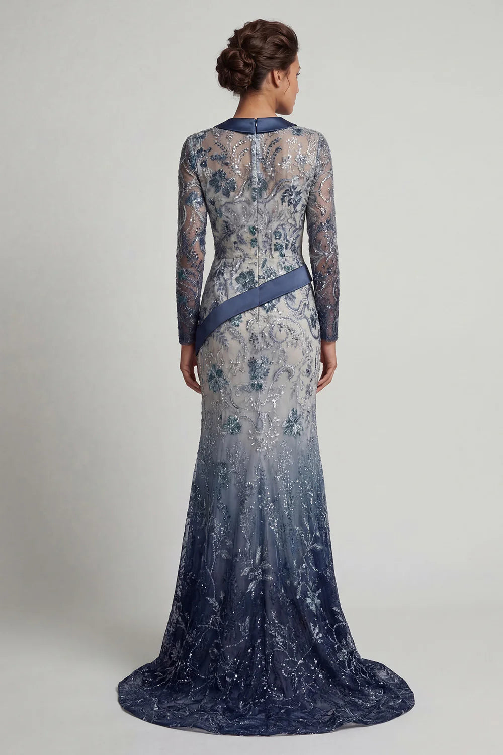 Elegant V Neck Long Sleeve Ombre Sequin Floral Embellished Satin Sash Mermaid Maxi Prom Dress