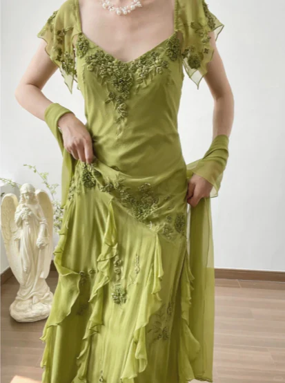Elegant V Neck Ruffle Sleeve Embellished Chiffon Ruffled High Low Maxi Prom Dress