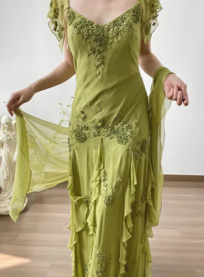 Elegant V Neck Ruffle Sleeve Embellished Chiffon Ruffled High Low Maxi Prom Dress