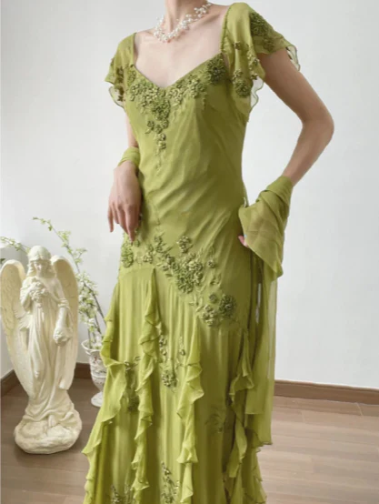 Elegant V Neck Ruffle Sleeve Embellished Chiffon Ruffled High Low Maxi Prom Dress