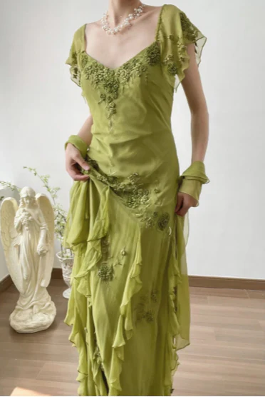 Elegant V Neck Ruffle Sleeve Embellished Chiffon Ruffled High Low Maxi Prom Dress
