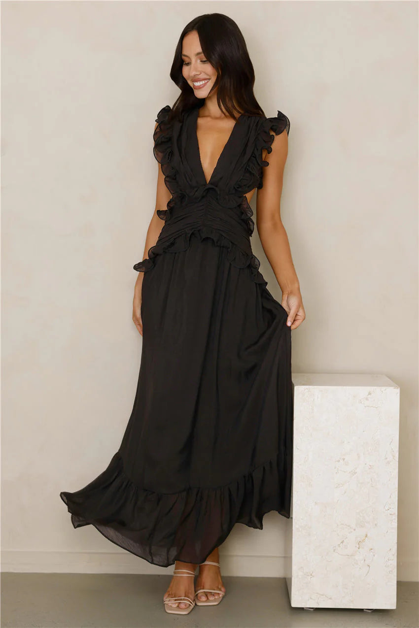 Elegant V Neck Ruffle Trim Detail Open Back Ruched Waist Maxi Evening Dress For Formal Evening Prom Wedding Guest Bridesmaid Beach Wedding Cocktail Party Gala