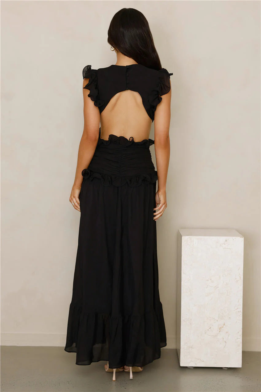 Elegant V Neck Ruffle Trim Detail Open Back Ruched Waist Maxi Evening Dress For Formal Evening Prom Wedding Guest Bridesmaid Beach Wedding Cocktail Party Gala