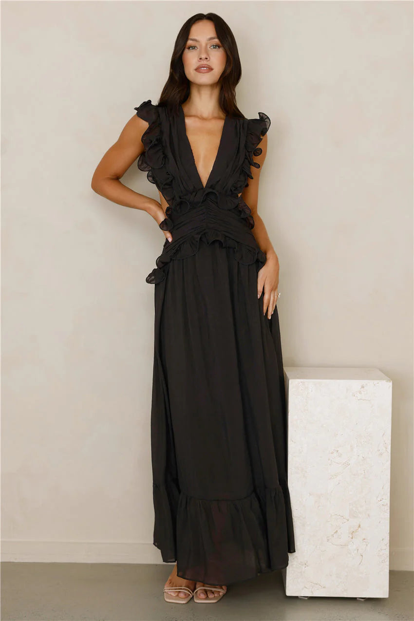 Elegant V Neck Ruffle Trim Detail Open Back Ruched Waist Maxi Evening Dress For Formal Evening Prom Wedding Guest Bridesmaid Beach Wedding Cocktail Party Gala