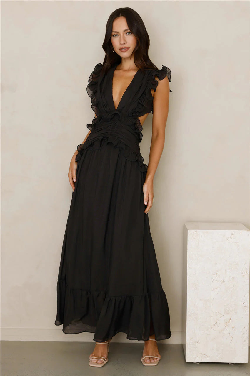 Elegant V Neck Ruffle Trim Detail Open Back Ruched Waist Maxi Evening Dress For Formal Evening Prom Wedding Guest Bridesmaid Beach Wedding Cocktail Party Gala