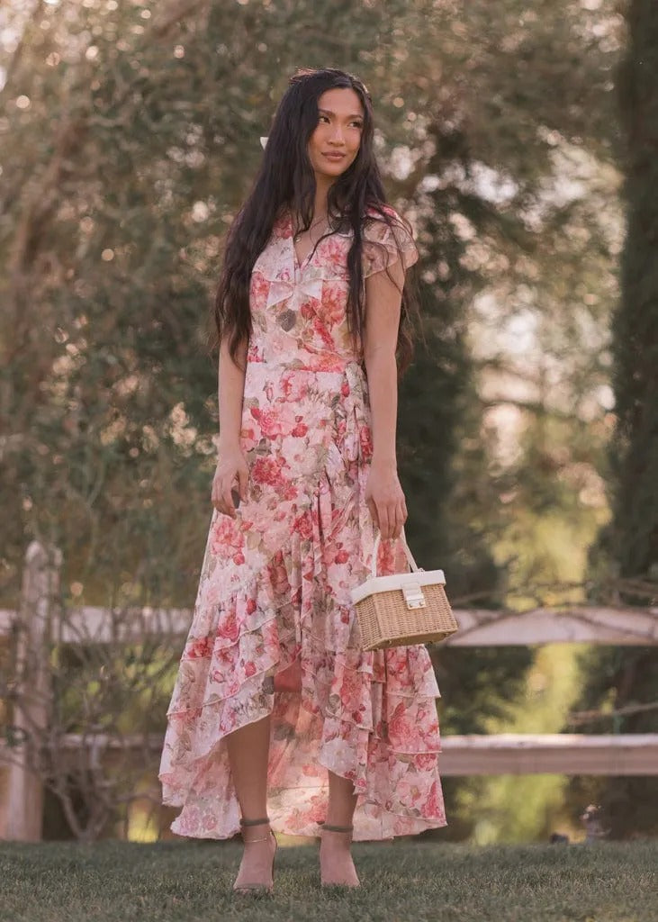 Elegant V Neck Ruffle Trim Floral Print Wrap Front High Low Hem Maxi Evening Dress For Formal Evening Prom Wedding Guest Bridesmaid Beach Wedding Cocktail Party Gala