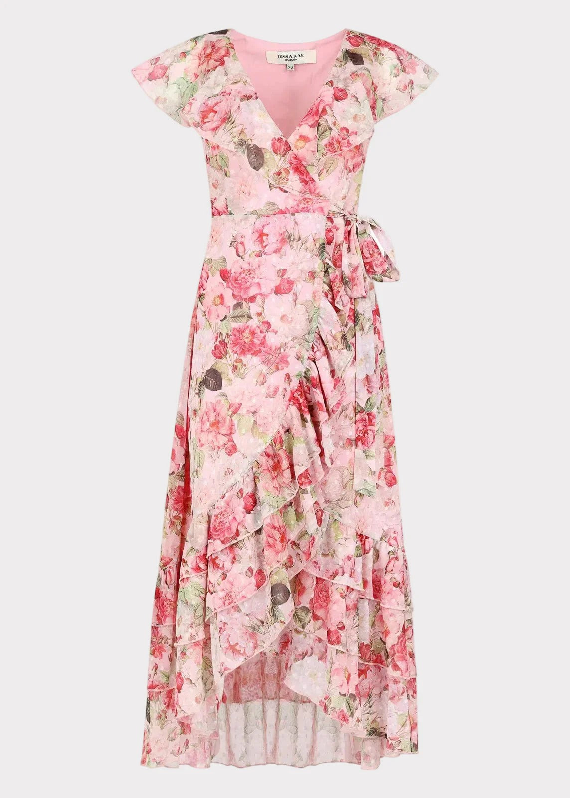 Elegant V Neck Ruffle Trim Floral Print Wrap Front High Low Hem Maxi Evening Dress For Formal Evening Prom Wedding Guest Bridesmaid Beach Wedding Cocktail Party Gala