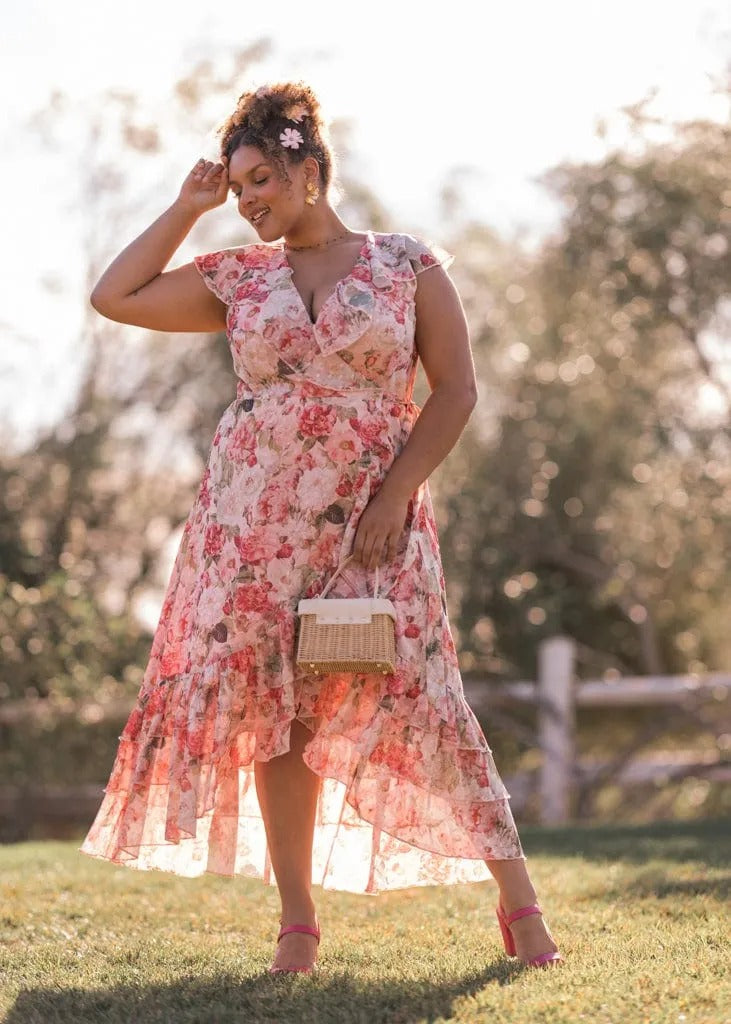 Elegant V Neck Ruffle Trim Floral Print Wrap Front High Low Hem Maxi Evening Dress For Formal Evening Prom Wedding Guest Bridesmaid Beach Wedding Cocktail Party Gala