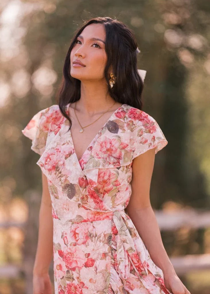 Elegant V Neck Ruffle Trim Floral Print Wrap Front High Low Hem Maxi Evening Dress For Formal Evening Prom Wedding Guest Bridesmaid Beach Wedding Cocktail Party Gala