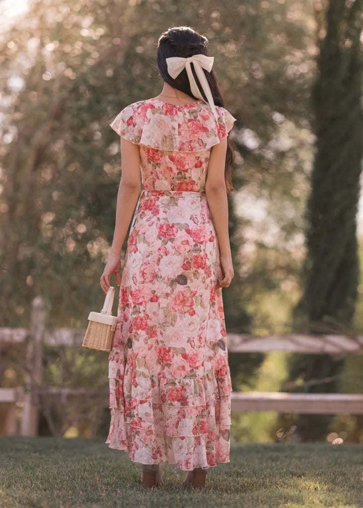 Elegant V Neck Ruffle Trim Floral Print Wrap Front High Low Hem Maxi Evening Dress For Formal Evening Prom Wedding Guest Bridesmaid Beach Wedding Cocktail Party Gala