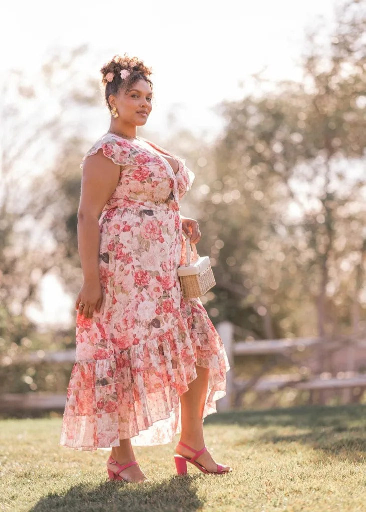 Elegant V Neck Ruffle Trim Floral Print Wrap Front High Low Hem Maxi Evening Dress For Formal Evening Prom Wedding Guest Bridesmaid Beach Wedding Cocktail Party Gala