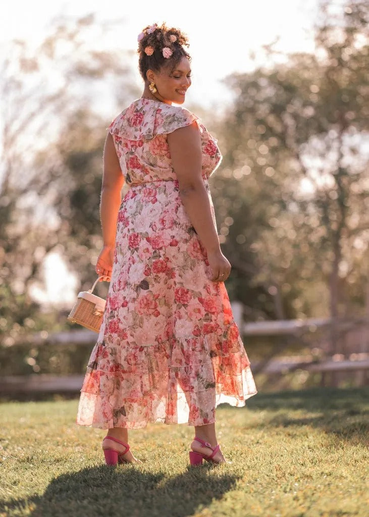 Elegant V Neck Ruffle Trim Floral Print Wrap Front High Low Hem Maxi Evening Dress For Formal Evening Prom Wedding Guest Bridesmaid Beach Wedding Cocktail Party Gala